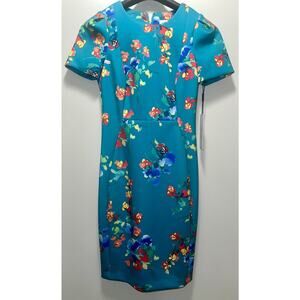 Calvin Klein Women's Floral Sheath Dress Size 6 Teal Multicolor Short Sleeve